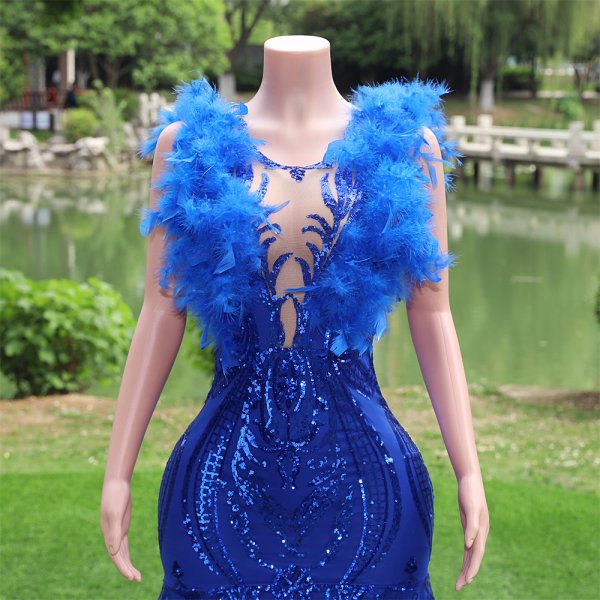 royal blue feather sleeveless lace sequin scoop neck mermaid formal prom dress evening gown fy38002
