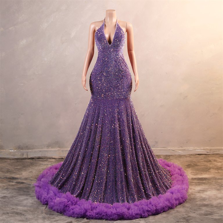 purple sleeveless sequin velvet halter neck mermaid formal prom dress evening gown fy38003
