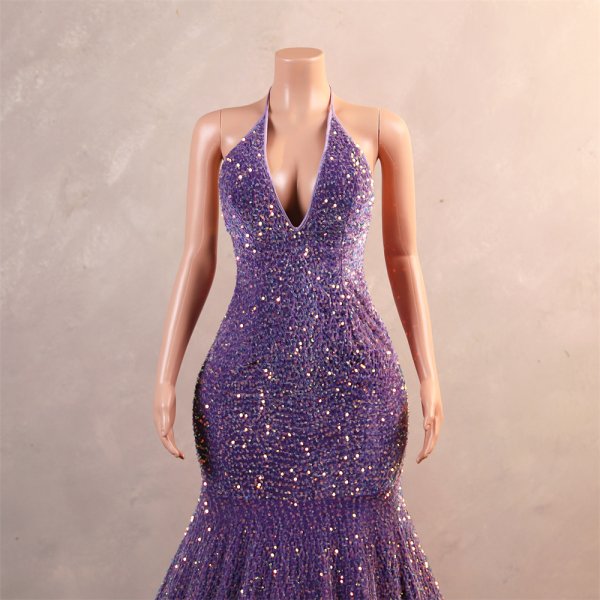 purple sleeveless sequin velvet halter neck mermaid formal prom dress evening gown fy38003