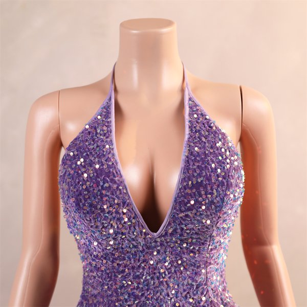 purple sleeveless sequin velvet halter neck mermaid formal prom dress evening gown fy38003