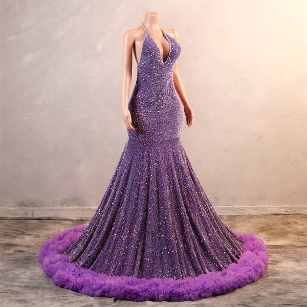 purple sleeveless sequin velvet halter neck mermaid formal prom dress evening gown fy38003