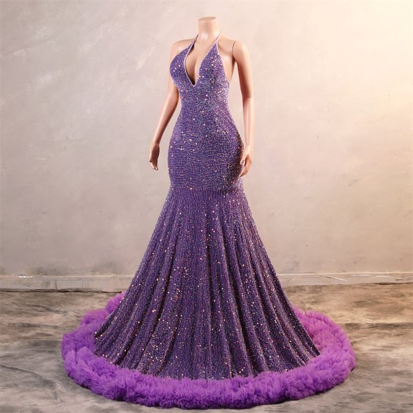 purple sleeveless sequin velvet halter neck mermaid formal prom dress evening gown fy38003