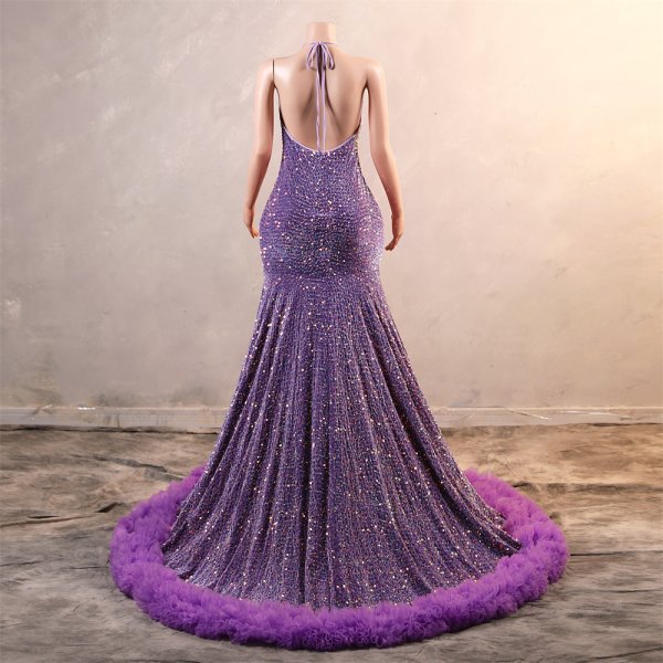 purple sleeveless sequin velvet halter neck mermaid formal prom dress evening gown fy38003