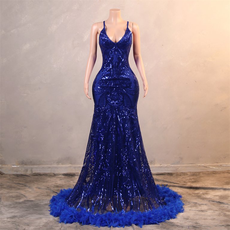 Navy Blue Sleeveless Sequin Sexy Back Mermaid Formal Prom Dress Evening Gown FY39001