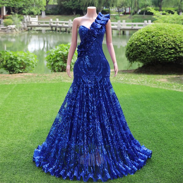 royal blue sleeveless sequin pleats mermaid formal prom dress evening gown fy39502