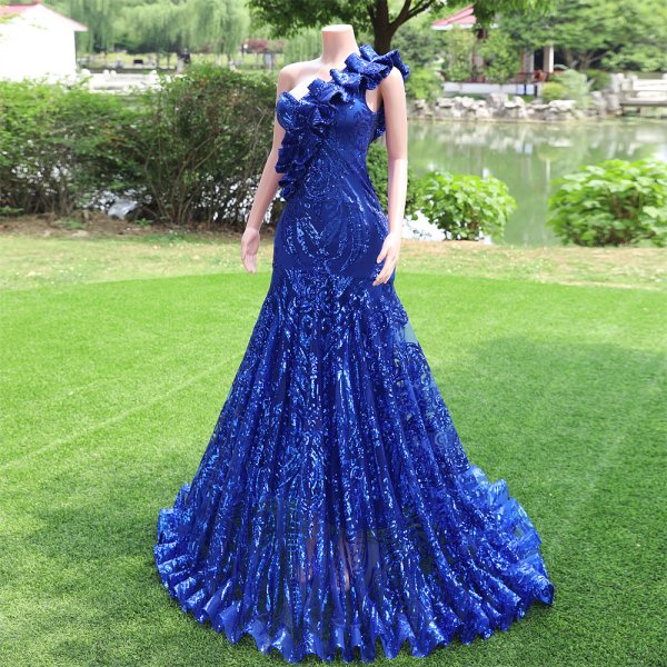 royal blue sleeveless sequin pleats mermaid formal prom dress evening gown fy39502