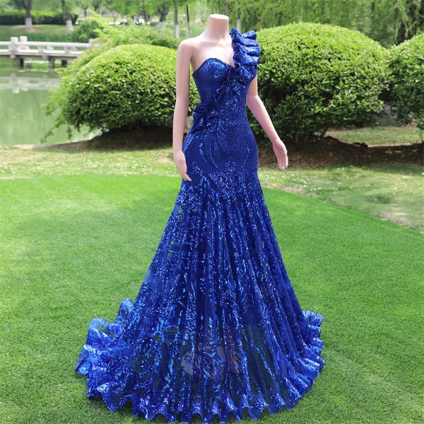 royal blue sleeveless sequin pleats mermaid formal prom dress evening gown fy39502
