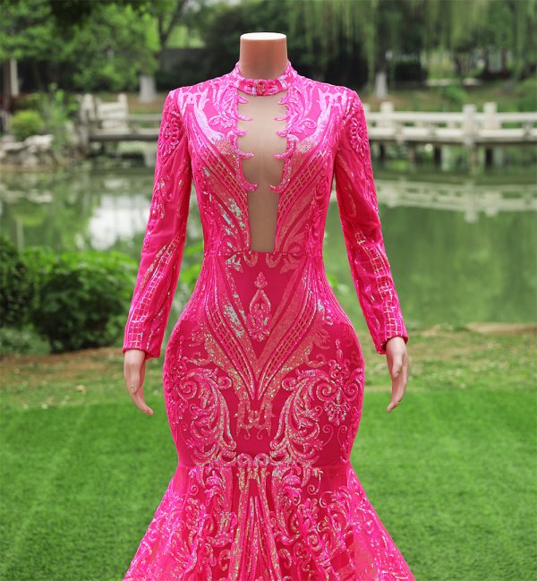 hot pink long sleeve sequin mermaid formal prom dress evening gown fy4001