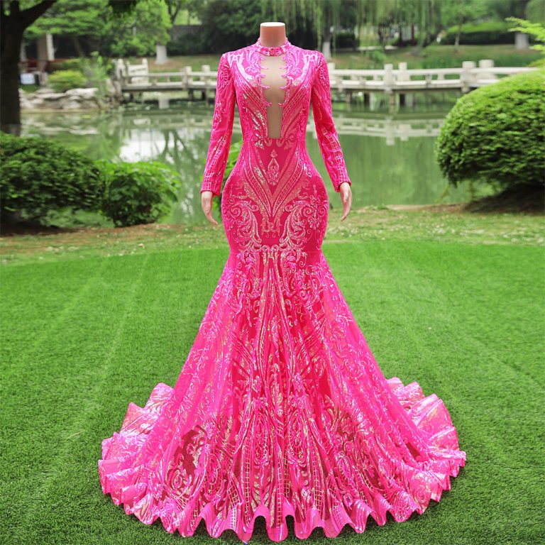 hot pink long sleeve sequin mermaid formal prom dress evening gown fy4001