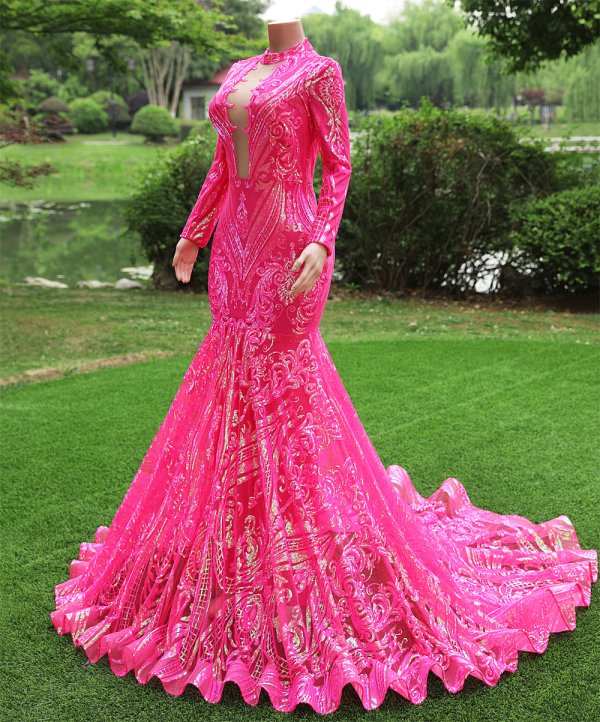 hot pink long sleeve sequin mermaid formal prom dress evening gown fy4001