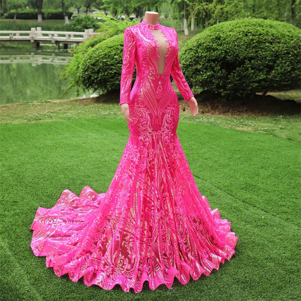 hot pink long sleeve sequin mermaid formal prom dress evening gown fy4001