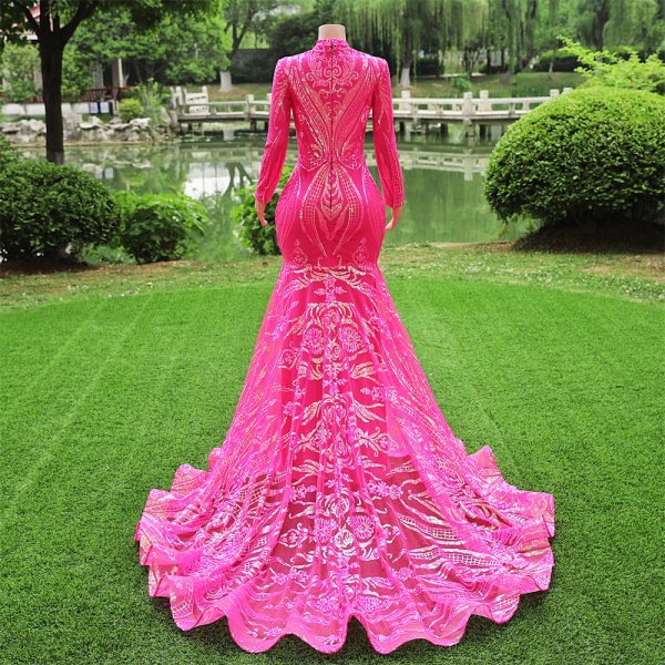 hot pink long sleeve sequin mermaid formal prom dress evening gown fy4001