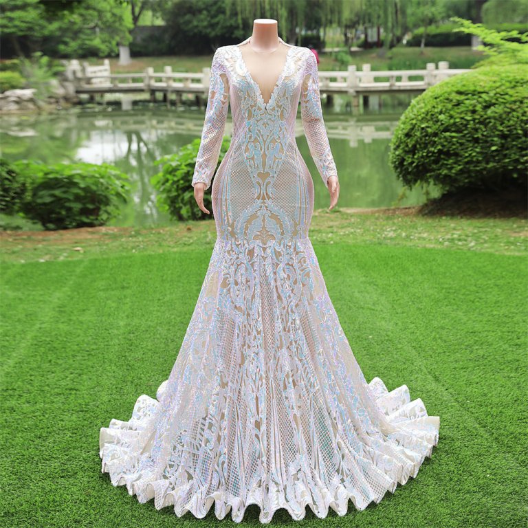 modest long sleeve sequin mermaid formal prom dress evening gown fy4002