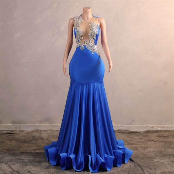 blue sleeveless beading applique sleeveless mermaid formal prom dress evening gown fy45001