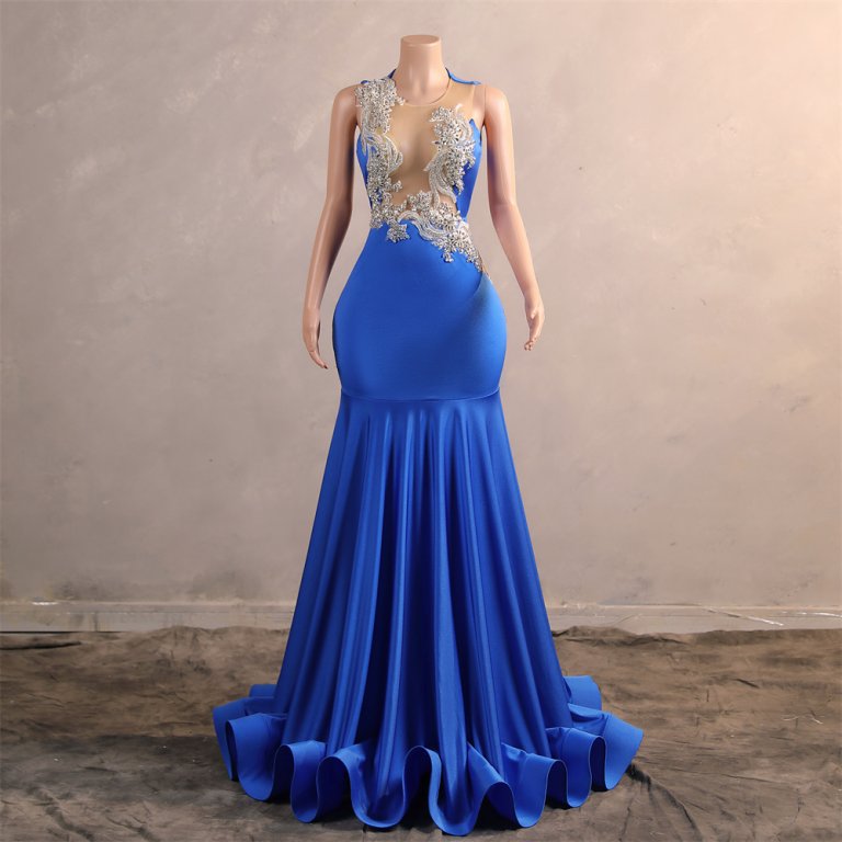 blue sleeveless beading applique sleeveless mermaid formal prom dress evening gown fy45001