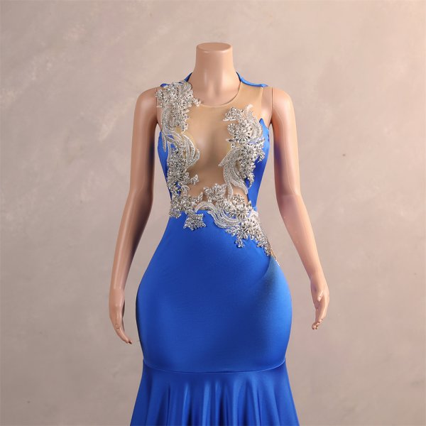 blue sleeveless beading applique sleeveless mermaid formal prom dress evening gown fy45001