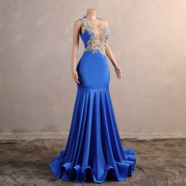 blue sleeveless beading applique sleeveless mermaid formal prom dress evening gown fy45001