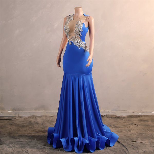 blue sleeveless beading applique sleeveless mermaid formal prom dress evening gown fy45001