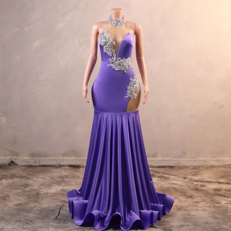 purple sleeveless beading applique stain mermaid formal prom dress evening gown fy45002