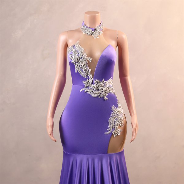 purple sleeveless beading applique mermaid formal prom dress evening gown fy45002