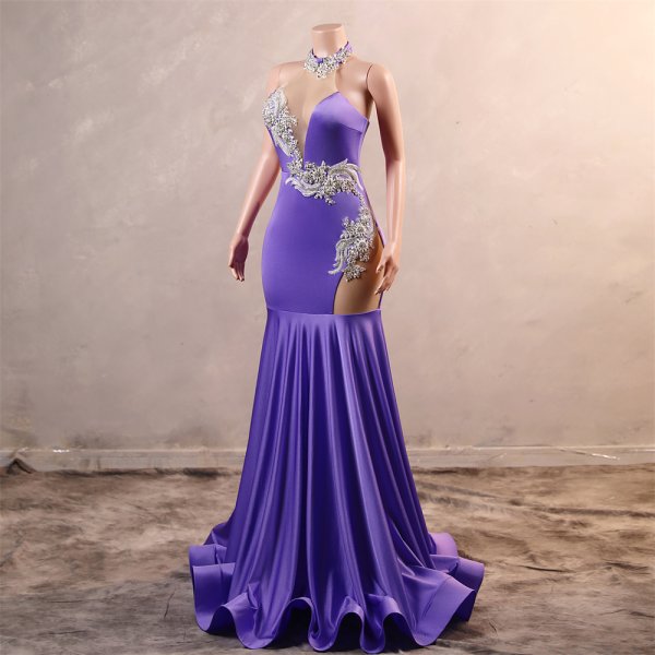 purple sleeveless beading applique mermaid formal prom dress evening gown fy45002