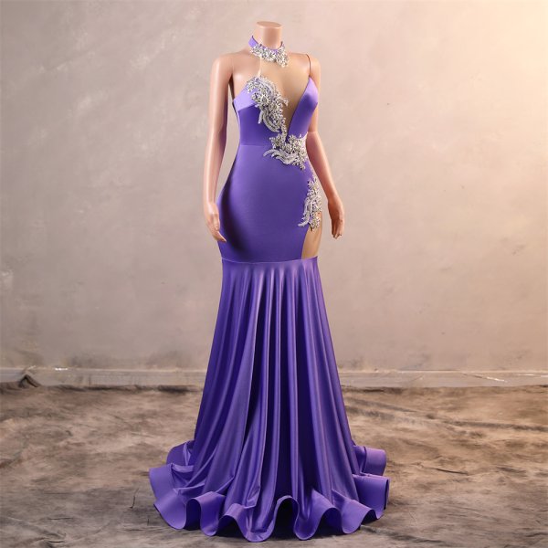 purple sleeveless beading applique mermaid formal prom dress evening gown fy45002