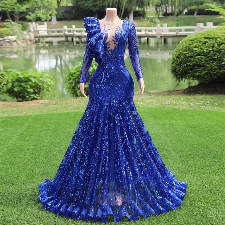 blue long sleeve sequin ruffles mermaid formal prom dress evening gown fy45004