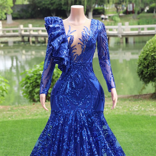 blue long sleeve sequin ruffles mermaid formal prom dress evening gown fy45004