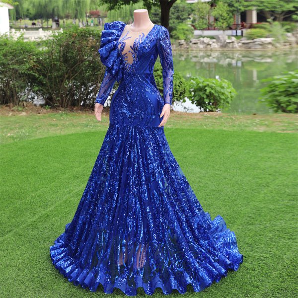 blue long sleeve sequin ruffles mermaid formal prom dress evening gown fy45004