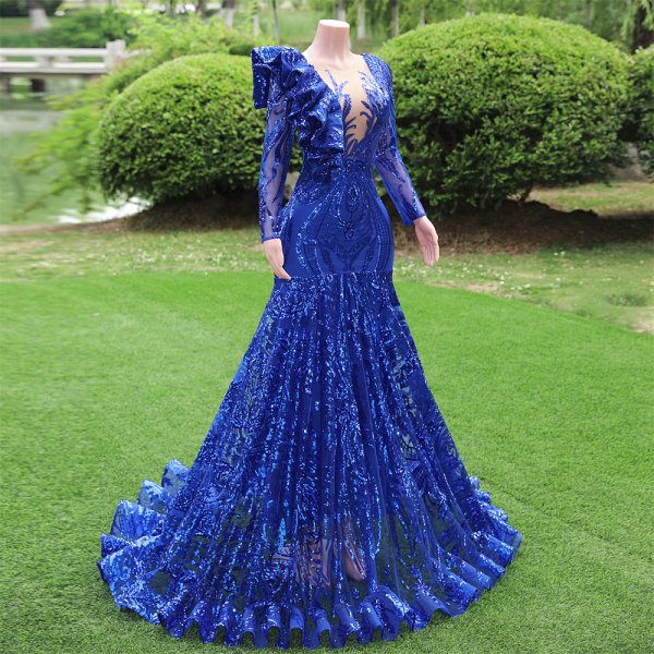 blue long sleeve sequin ruffles mermaid formal prom dress evening gown fy45004