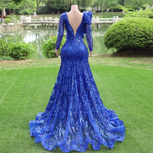 blue long sleeve sequin ruffles mermaid formal prom dress evening gown fy45004