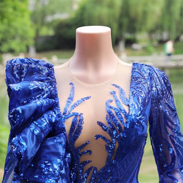 blue long sleeve sequin ruffles mermaid formal prom dress evening gown fy45004