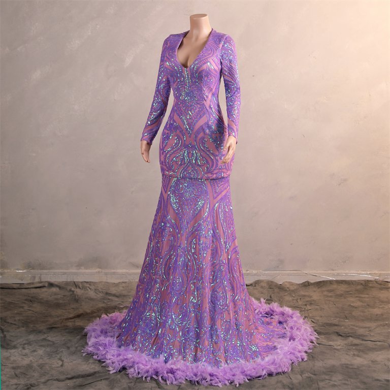 purple long sleeve sequin v neck feather mermaid formal prom dress evening gown fy61001