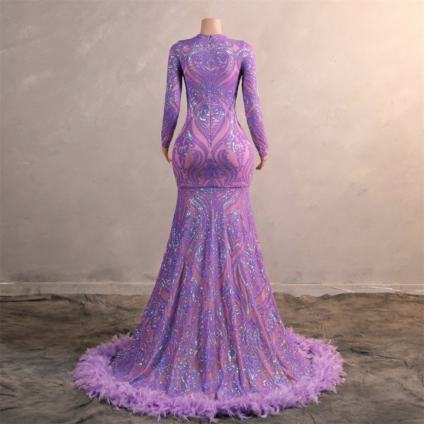 purple long sleeve sequin v neck feather mermaid formal prom dress evening gown fy61001