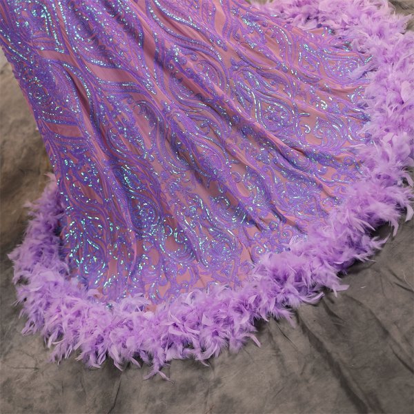 purple long sleeve sequin v neck feather mermaid formal prom dress evening gown fy61001