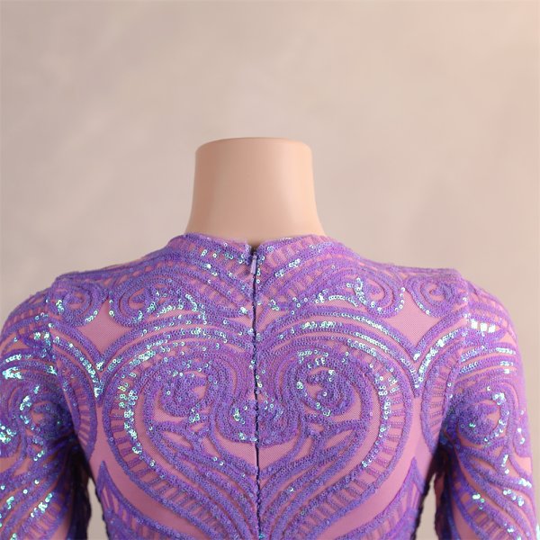 purple long sleeve sequin v neck feather mermaid formal prom dress evening gown fy61001