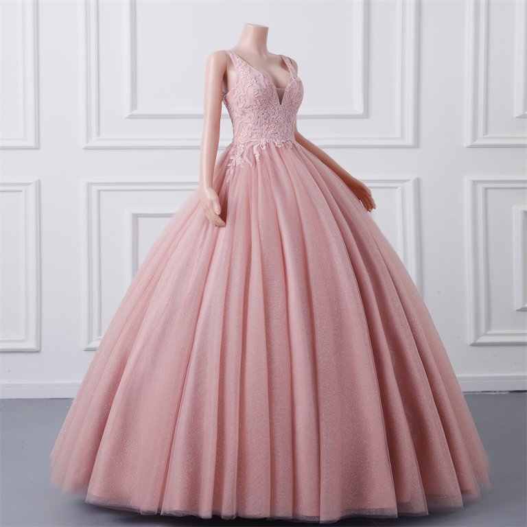 pink long sleeveelss applique v neck ball gown formal prom dress evening gown gwn28001