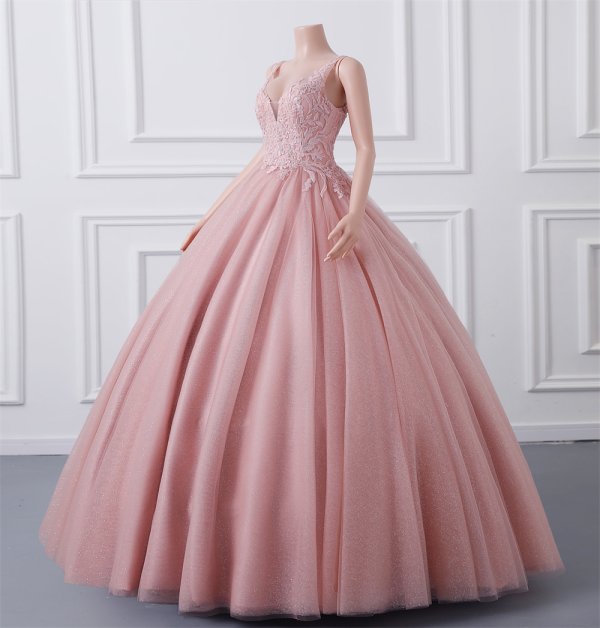 pink long sleeveelss applique v neck ball gown formal prom dress evening gown gwn28001