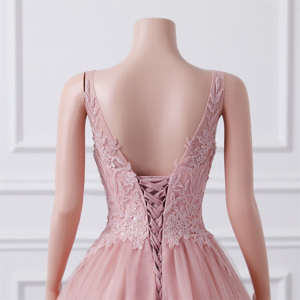 pink long sleeveelss applique v neck ball gown formal prom dress evening gown gwn28001