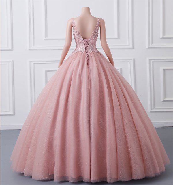 pink long sleeveelss applique v neck ball gown formal prom dress evening gown gwn28001