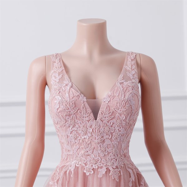 pink long sleeveelss applique v neck ball gown formal prom dress evening gown gwn28001