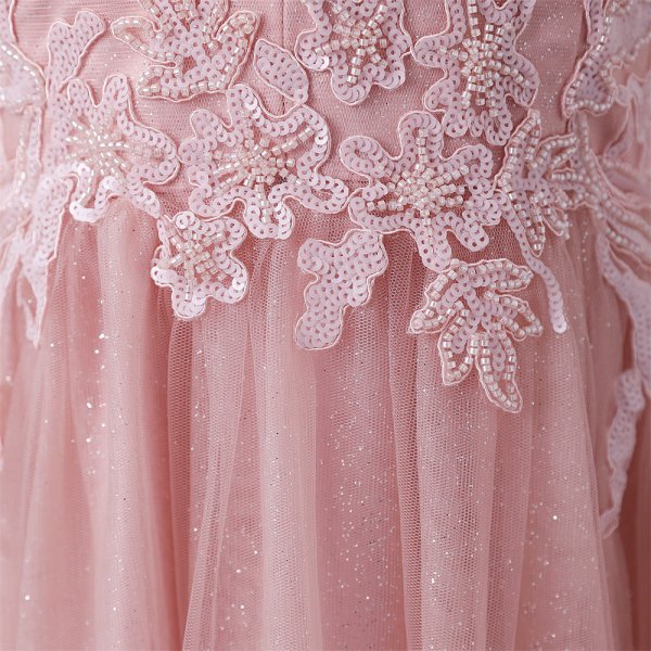 pink long sleeveelss applique v neck ball gown formal prom dress evening gown gwn28001