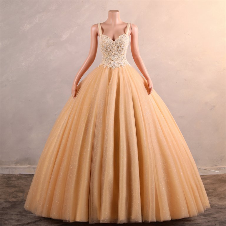 gold long sleeveelss applique ball gown formal prom dress evening gown gwn29001
