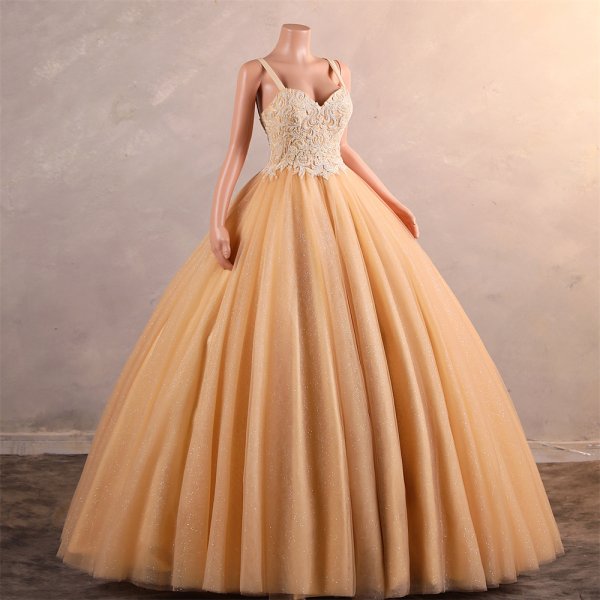 gold long sleeveelss applique ball gown formal prom dress evening gown gwn29001