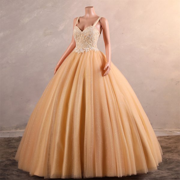 gold long sleeveelss applique ball gown formal prom dress evening gown gwn29001