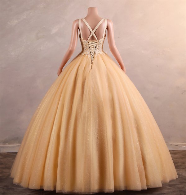 gold long sleeveelss applique ball gown formal prom dress evening gown gwn29001