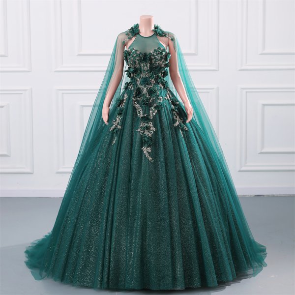 green long sleeveelss flower ball gown formal prom dress evening gown gwn29002