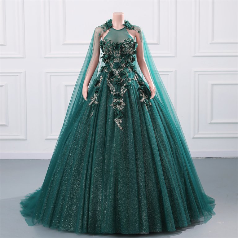 green long sleeveelss flower ball gown formal prom dress evening gown gwn29002