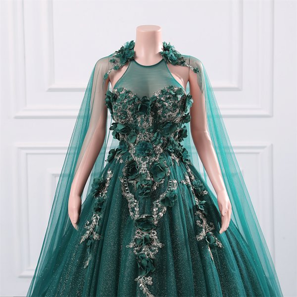 green long sleeveelss flower ball gown formal prom dress evening gown gwn29002