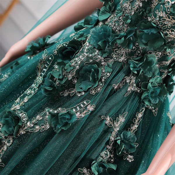 green long sleeveelss flower ball gown formal prom dress evening gown gwn29002
